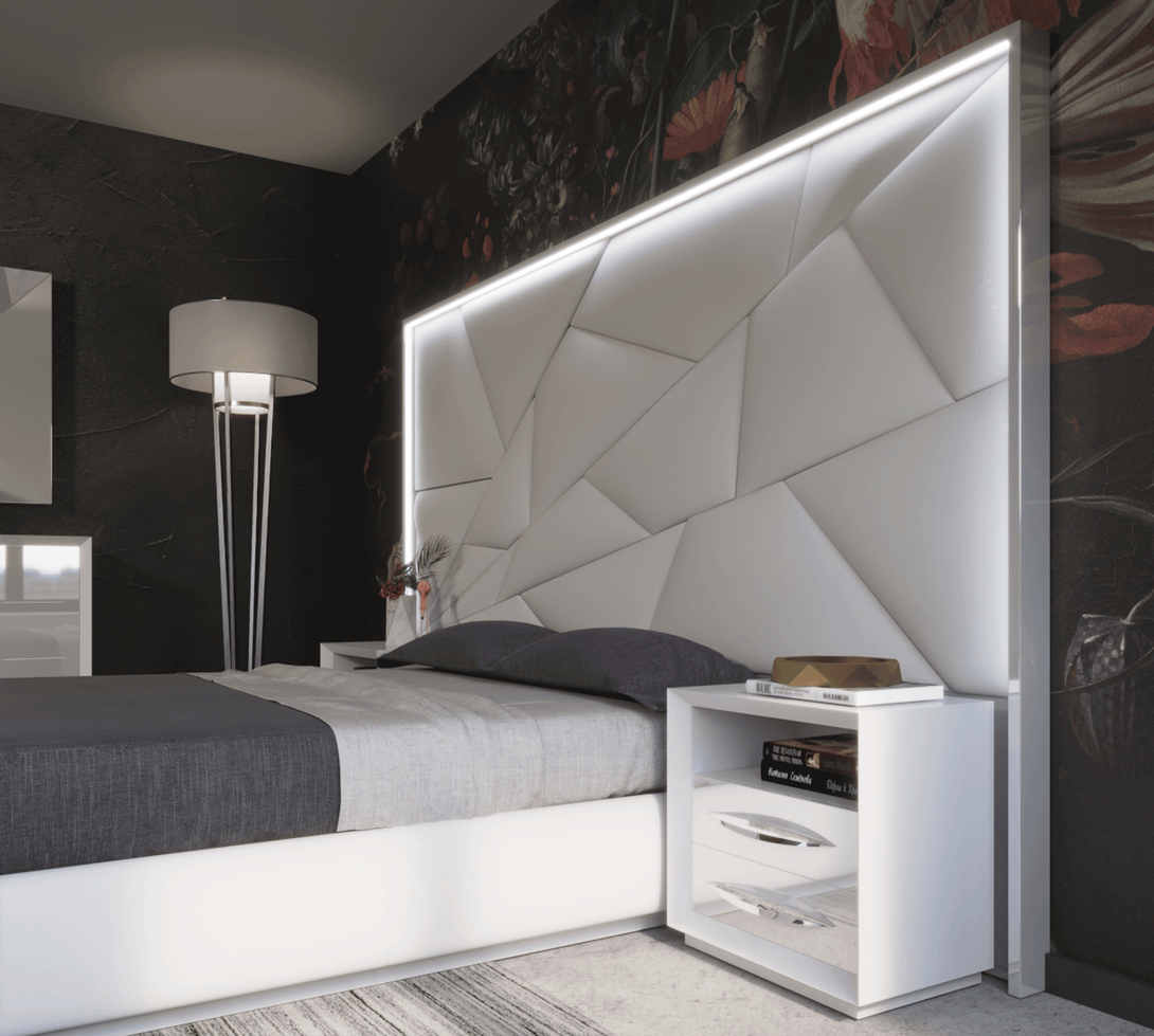Majesty Carmen Bedroom Set in White with Long and Tall Headboard - View of Headboard with Lighting in a Demo Room