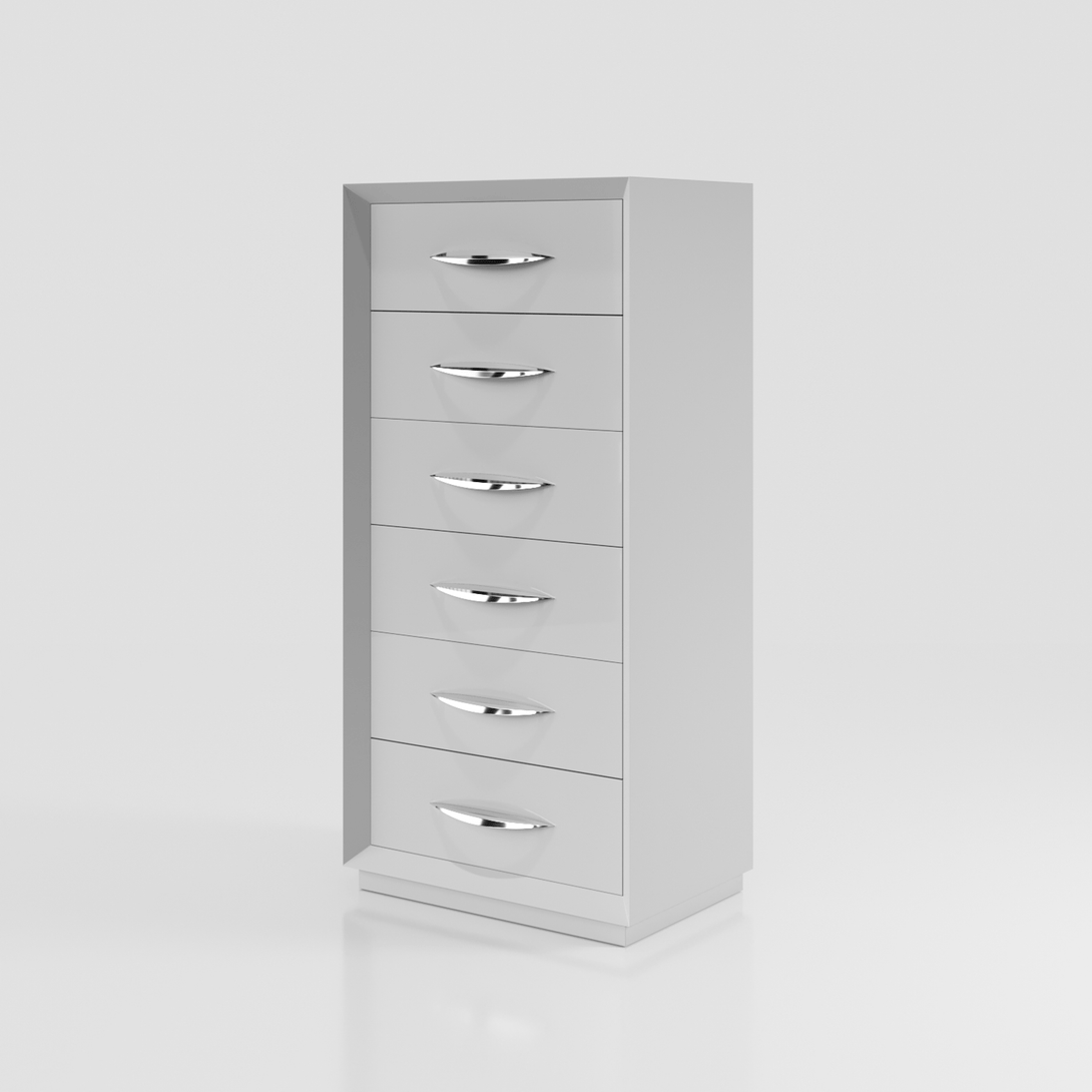 Majesty Carmen Tall Dresser Chest - Angled Front View with Drawers Closed on a White Transparent Background