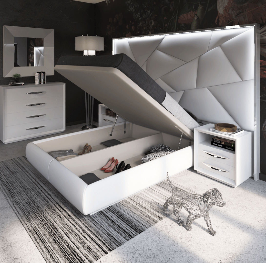 Majesty Carmen Bedroom Set in White with Long and Tall Headboard - View of Platform Bed Storage in a Demo Room