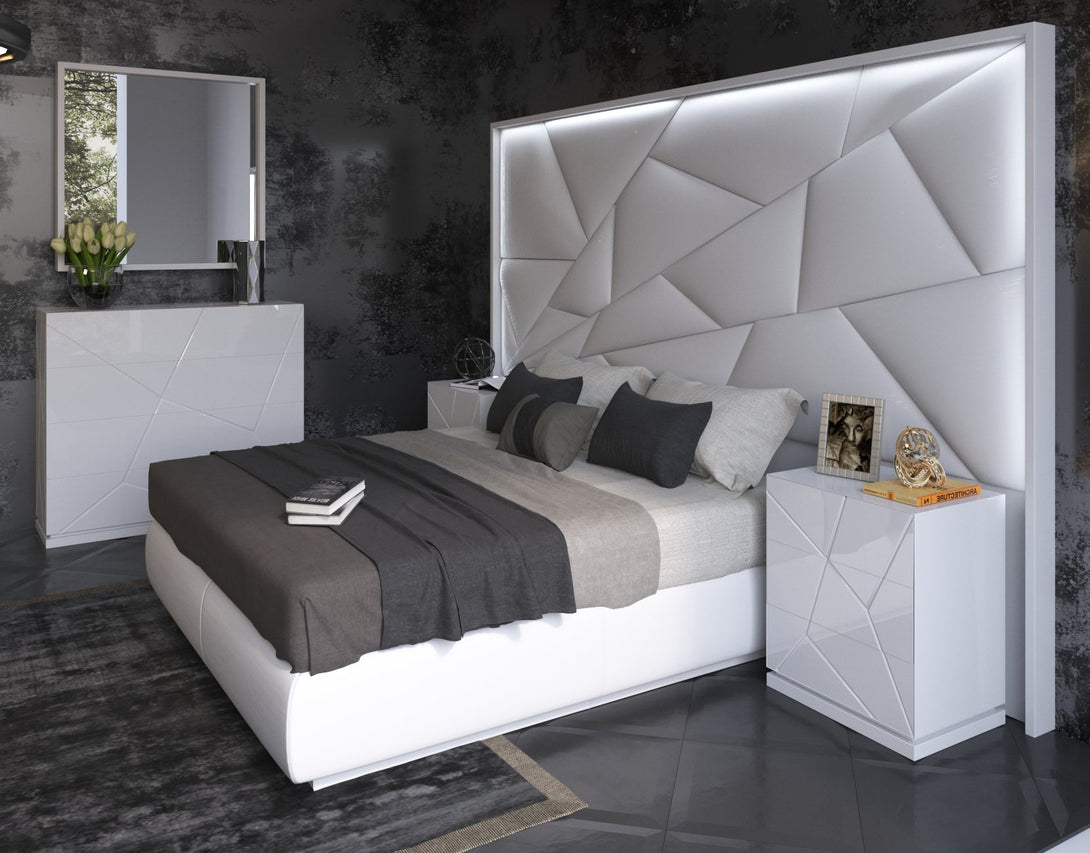 Majesty Kiu Bedroom Set in White - View from Right Side of Bed and Headboard in a Demo Room