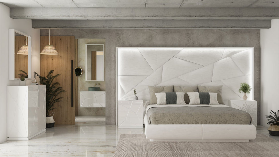 Majesty Kiu Bedroom Set in White - View of Bed and Headboard in a Demo Room