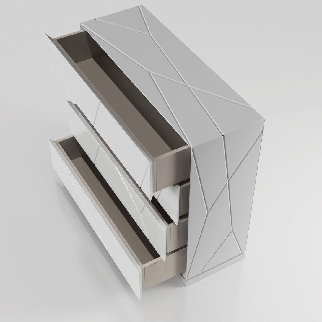 Majesty Kiu Tall Chest - Arial View of the Tall Chest with Drawers Opened on a White Transparent Background