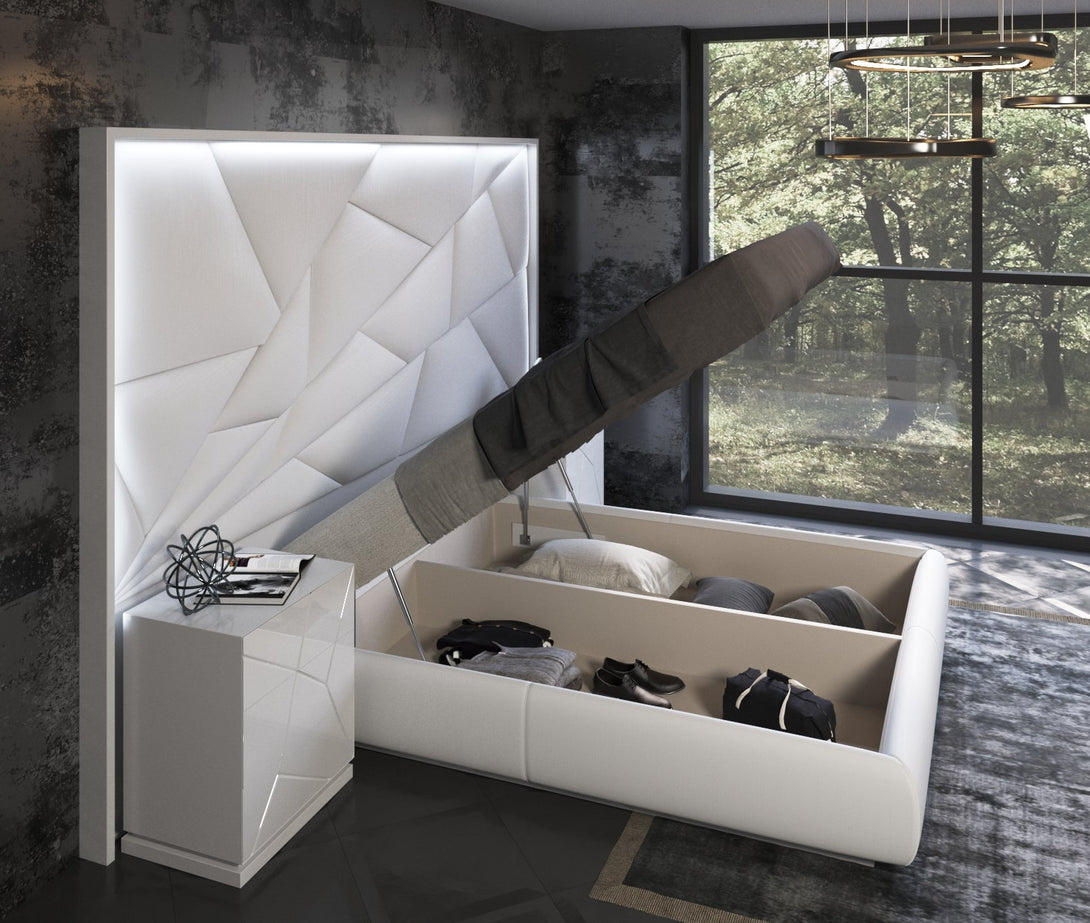Majesty Kiu Bedroom Set in White - View from Right Side of Platform Bed Storage Area in a Demo Room