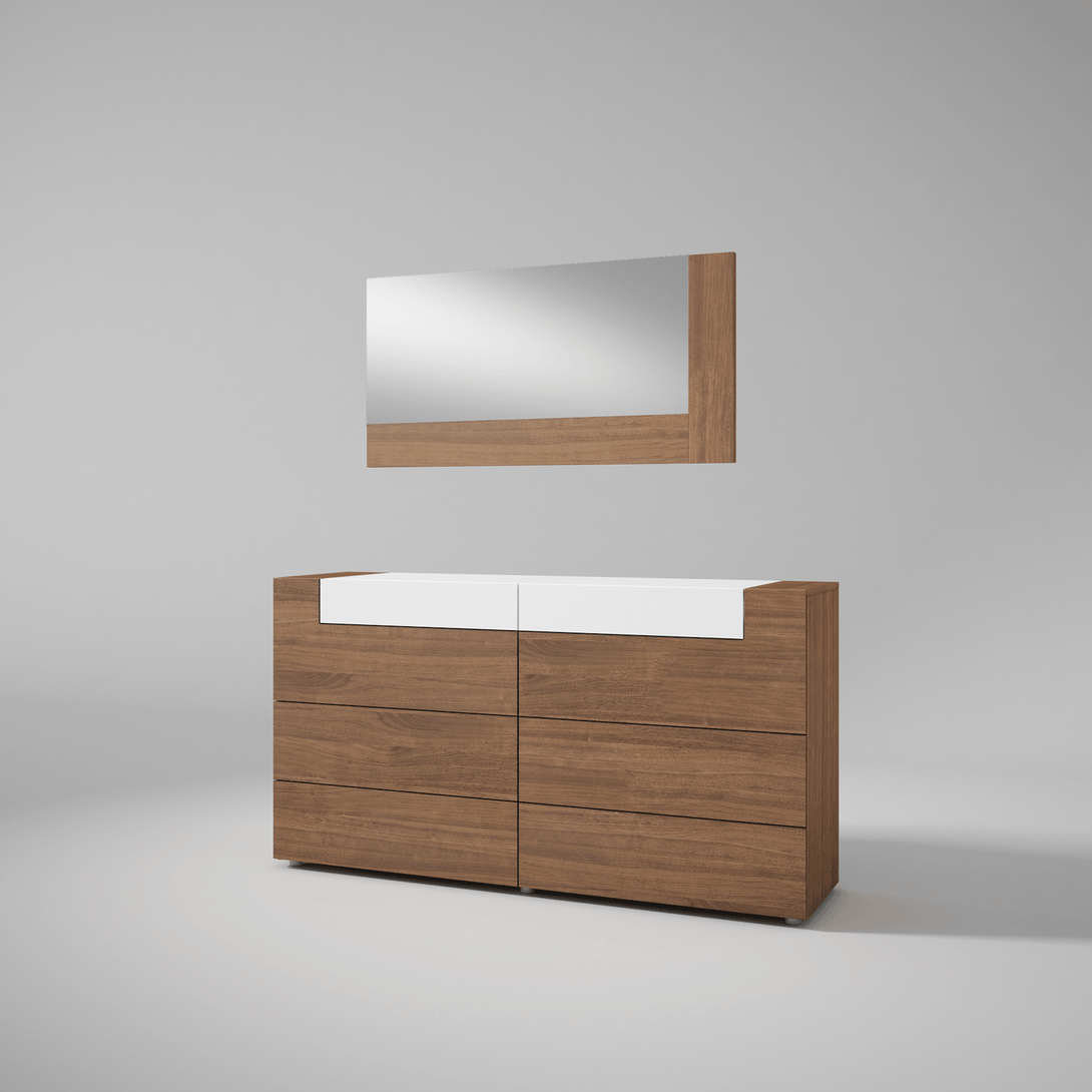 Mar Dresser and Mirror in Two Tone Finish - Angled View of Dresser and Mirror on a Light Gray Background