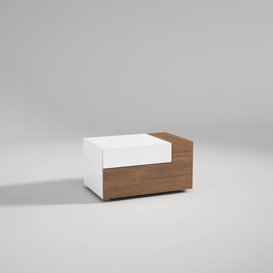 Mar Nightstand in Two Tone Finish - Angled View of Nightstand on a Light Gray Background 2