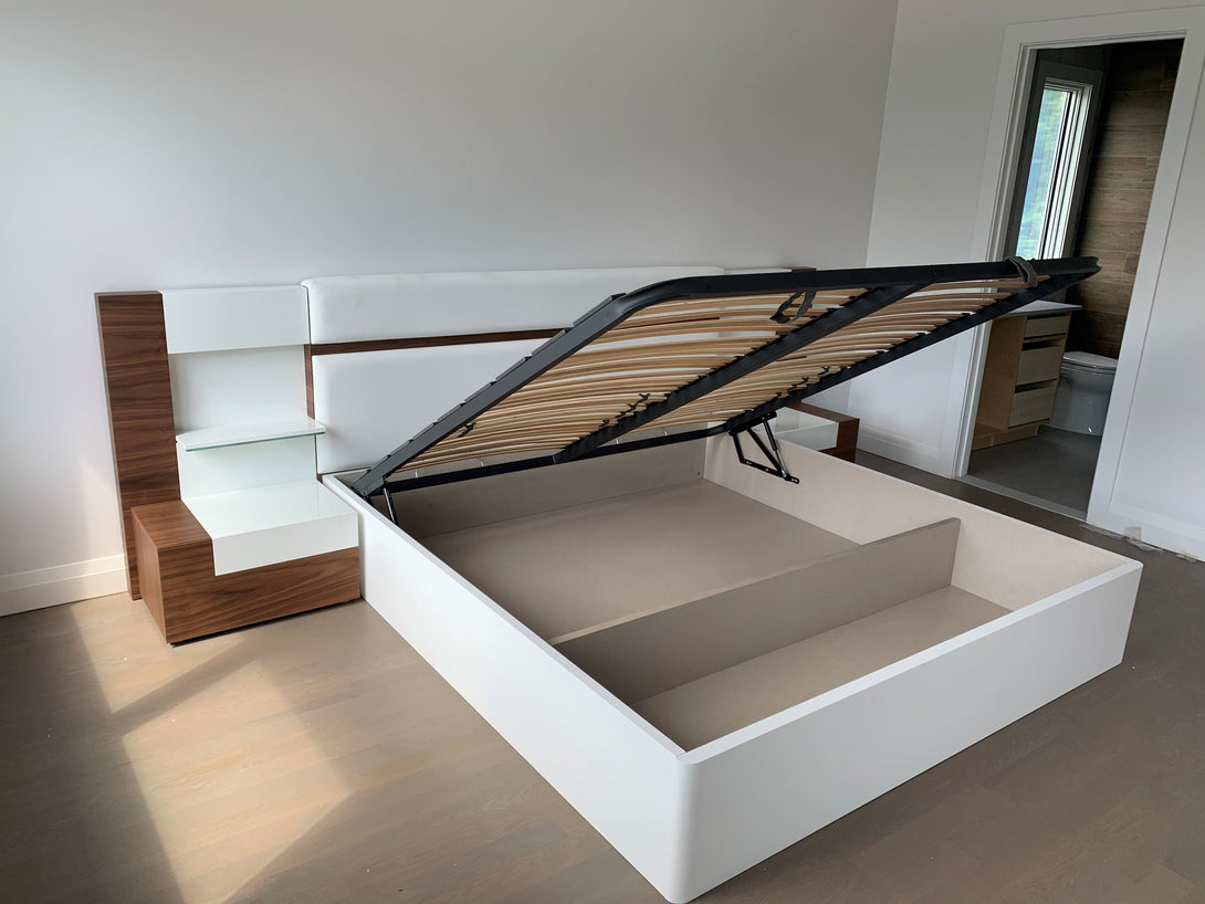 Mar Bedroom Set in Two Tone Finish - View of Platform Bed Storage Area