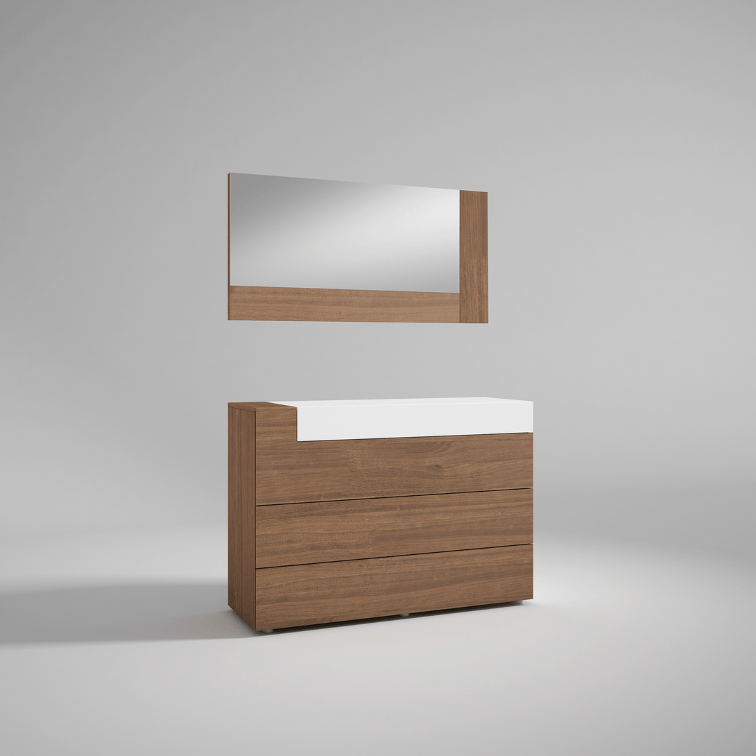 Mar Dresser and Mirror in Two Tone Finish - Angled View of Dresser and Mirror on a Light Gray Background 2