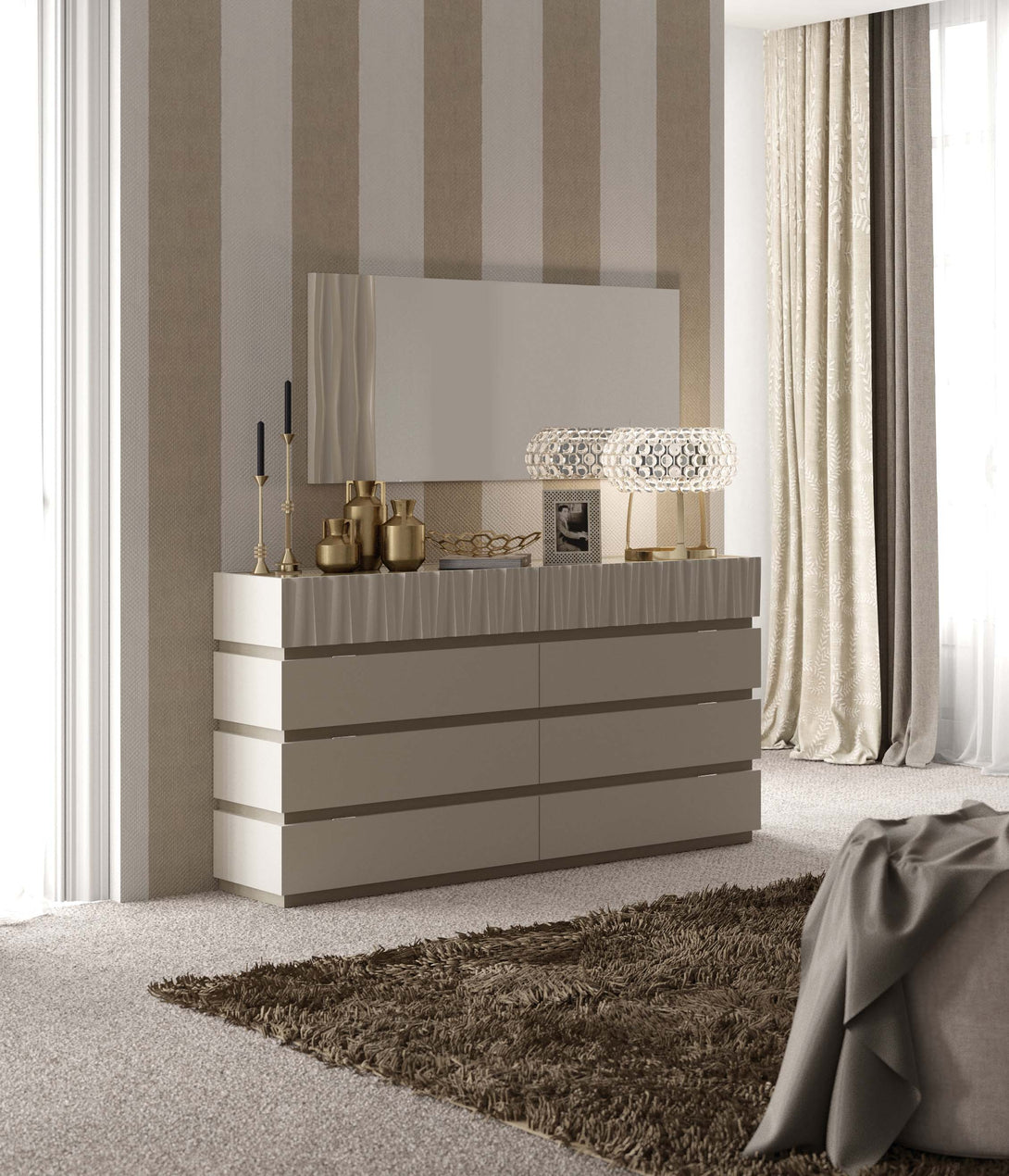 Marina Dresser in Taupe Finish - Angled View of Dresser in a Modern Demo Room