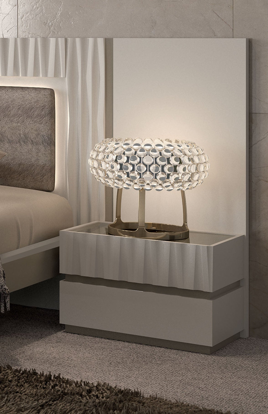 Marina Nightstand in Taupe Finish - Angled View of Nightstand in a Modern Demo Room