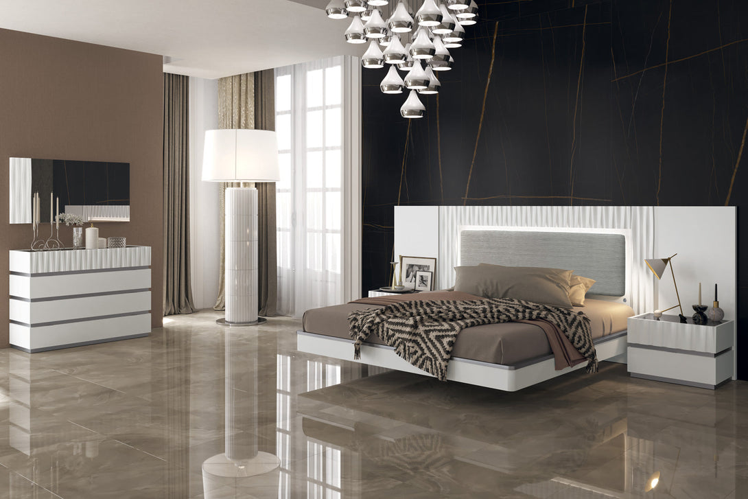 Marina Bedroom Set in White Finish - View of Bedroom Set in a Modern Demo Room Environment