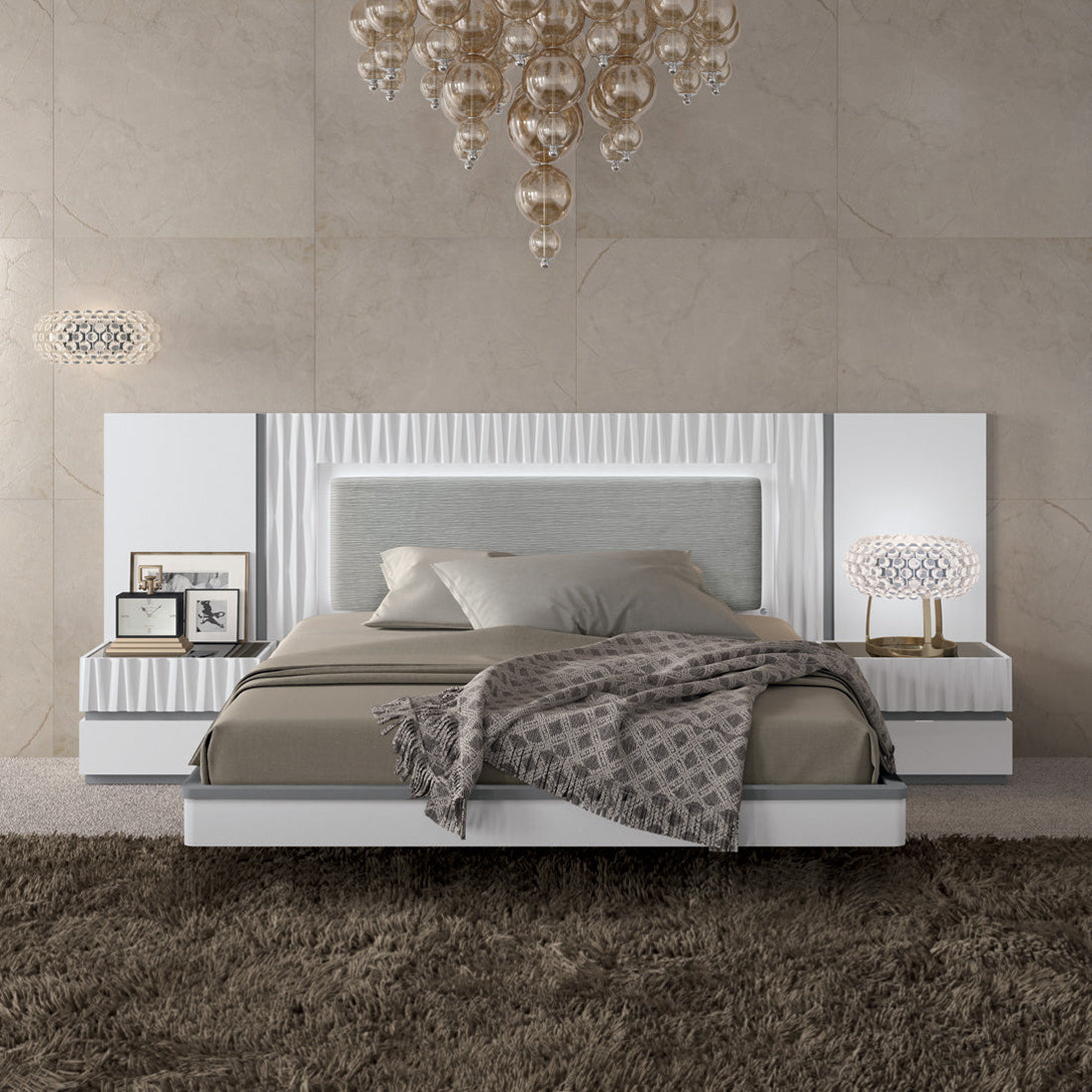 Marina Bedroom Set in White Finish - View of Bed Looking Towards the Headboard in a Demo Room