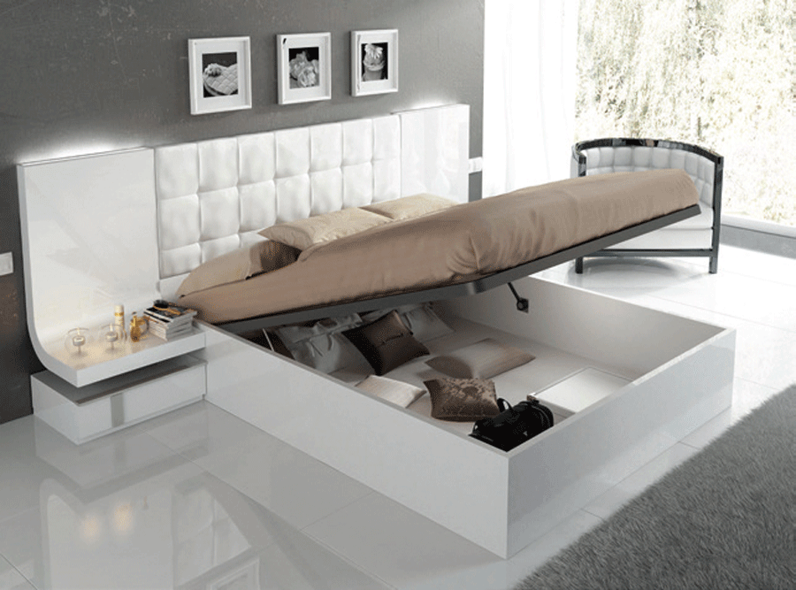 Modern bedroom set with a bed that opens to expose storage space below the mattress