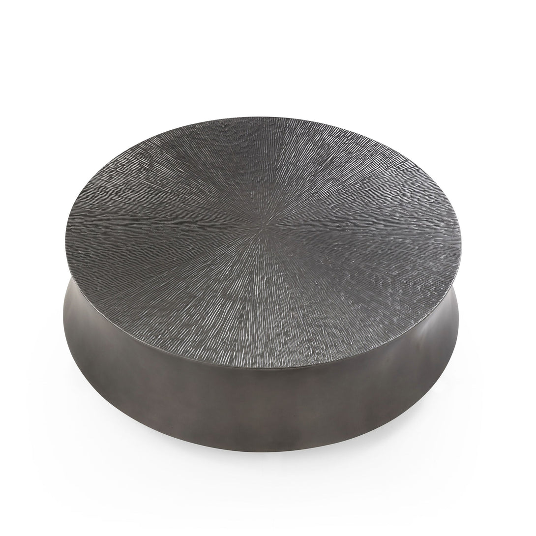 Modrest Airdrie - Modern Antique Grey Large Round Coffee Table- Round metallic coffee table with textured surface on a white background