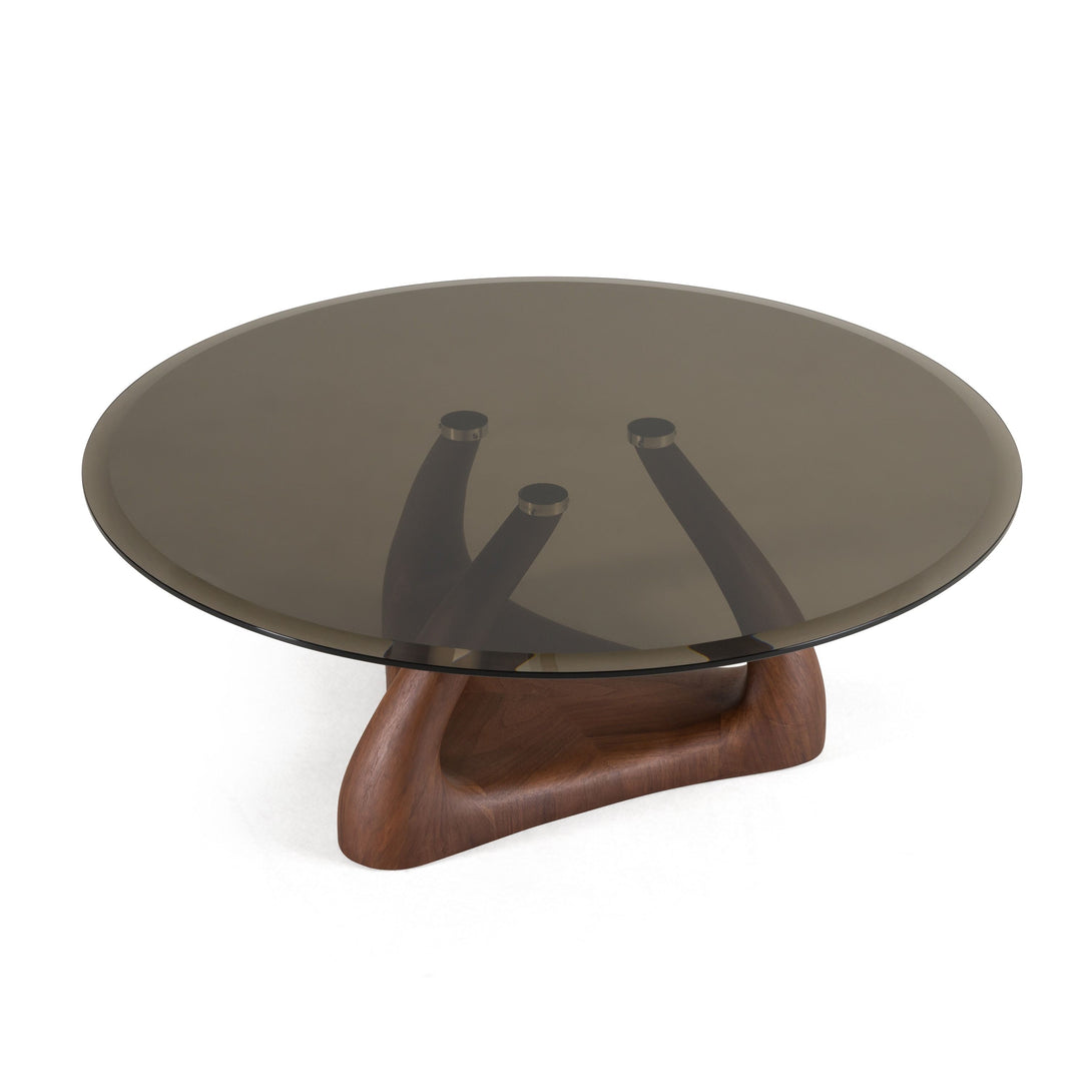 Modrest Christy - Mid-Century Modern Grey Glass + Walnut Round Coffee Table - Arial view of the top of the table 2