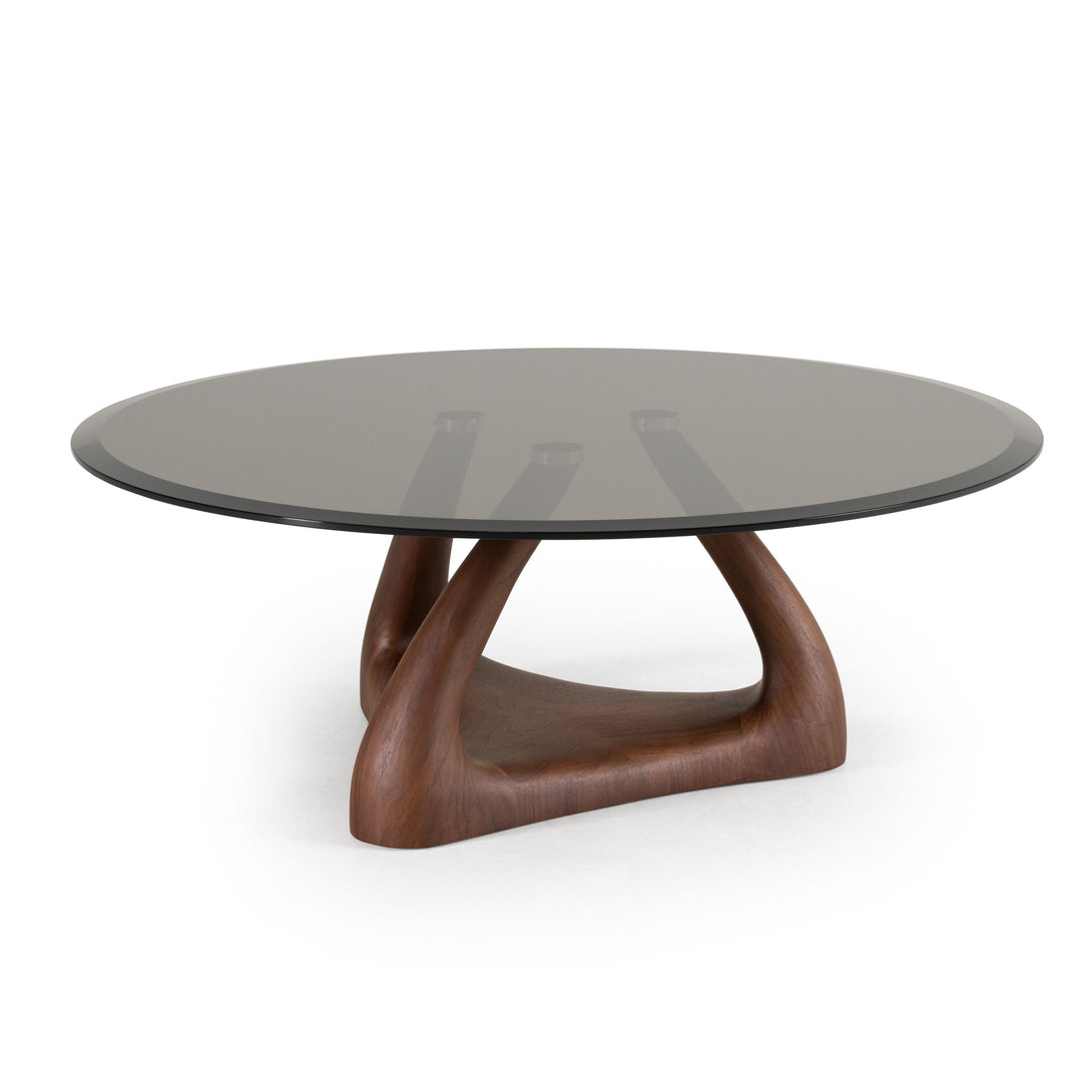 Modrest Christy - Mid-Century Modern Grey Glass + Walnut Round Coffee Table - Arial view of the top of the table