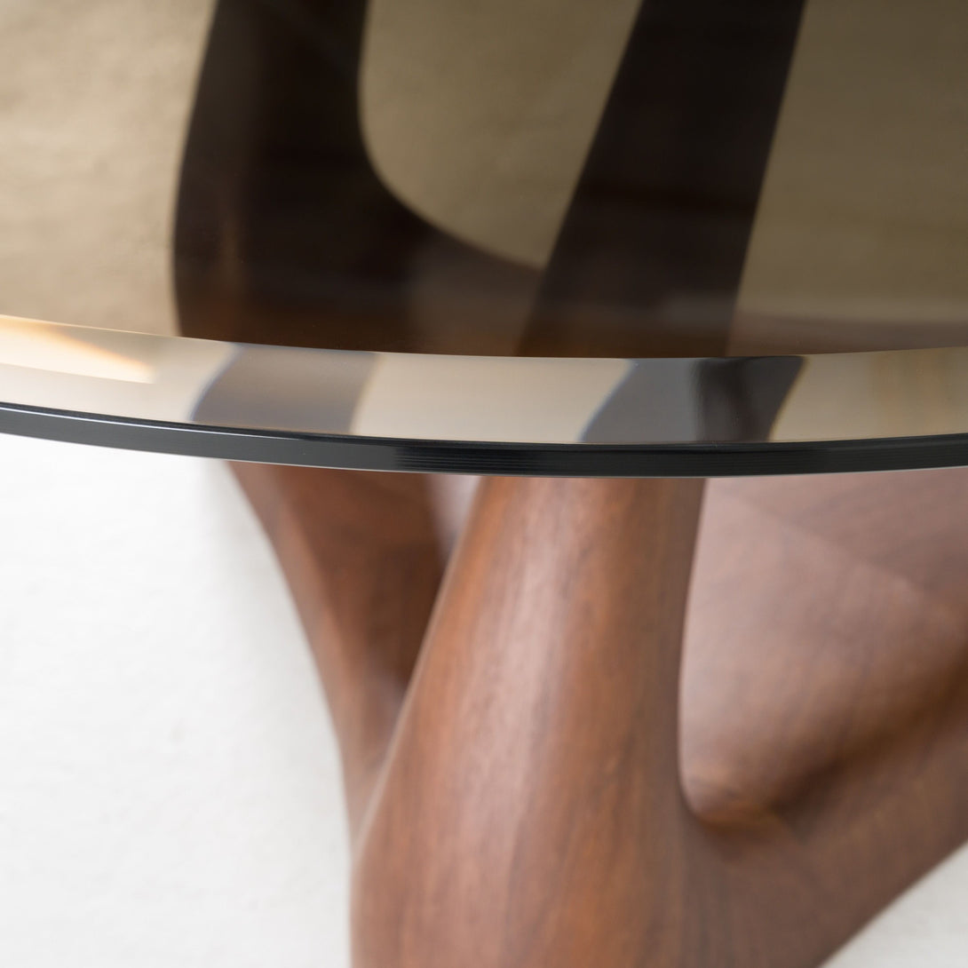 Modrest Christy - Mid-Century Modern Grey Glass + Walnut Round Coffee Table - Close up view of the coffe table glass