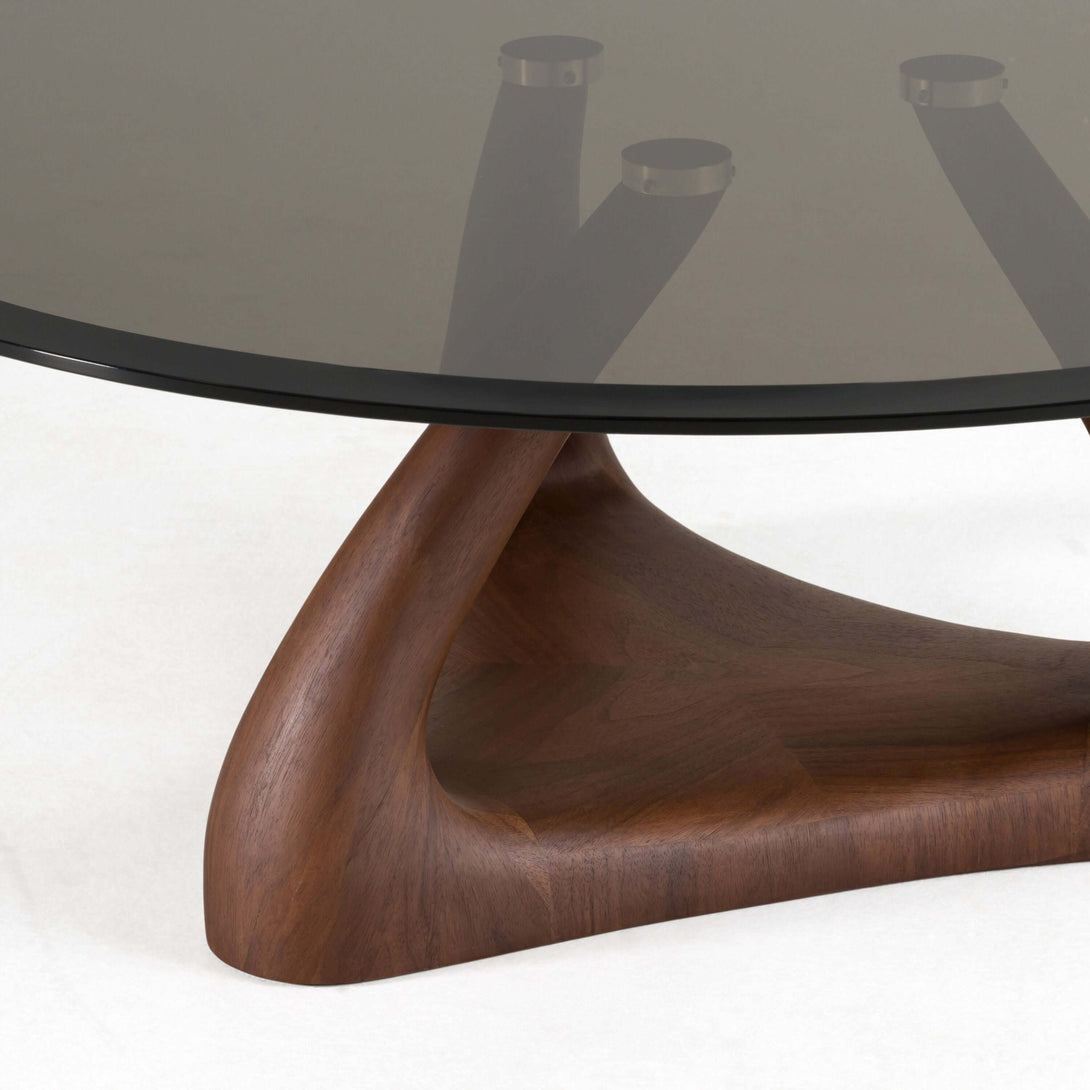 Modrest Christy- Mid-Century Modern Grey Glass + Walnut Round Coffee Table - Close up view oak table base legs