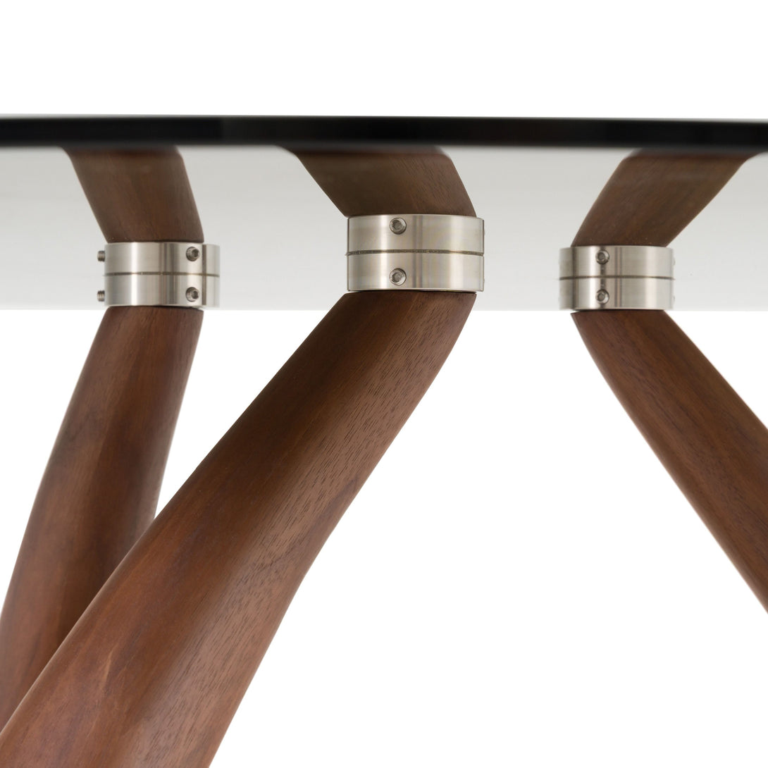 Modrest Christy - Mid-Century Modern Grey Glass + Walnut Round Coffee Table - View from low that highlights the square glass mounted to the base of walnut table base