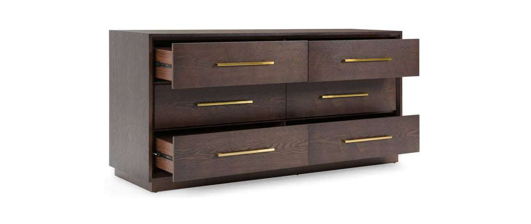 Modrest Manhattan Contemporary Brown Oak and Gold Dresser Angled Front View of Dresser with 2 drawers open