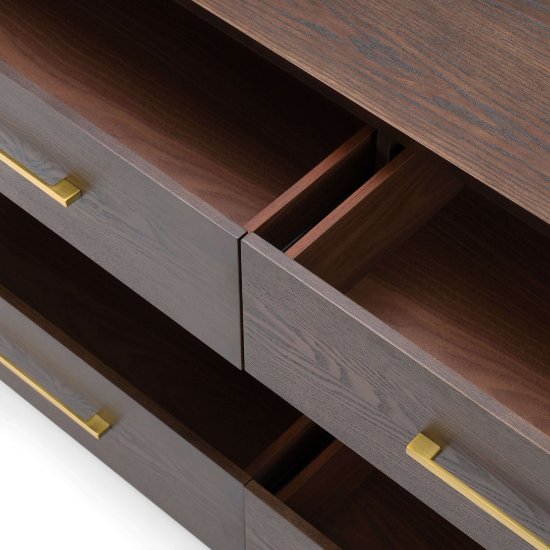 Modrest Manhattan Contemporary Brown Oak and Gold Dresser Arial View of Drawer Interior