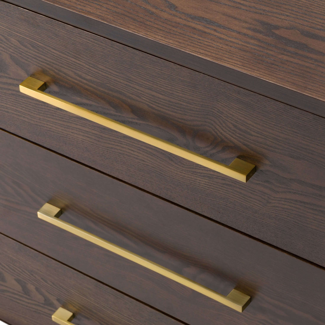 Modrest Manhattan Contemporary Brown Oak and Gold Dresser Close Up View of Gold Dresser Drawer Handles