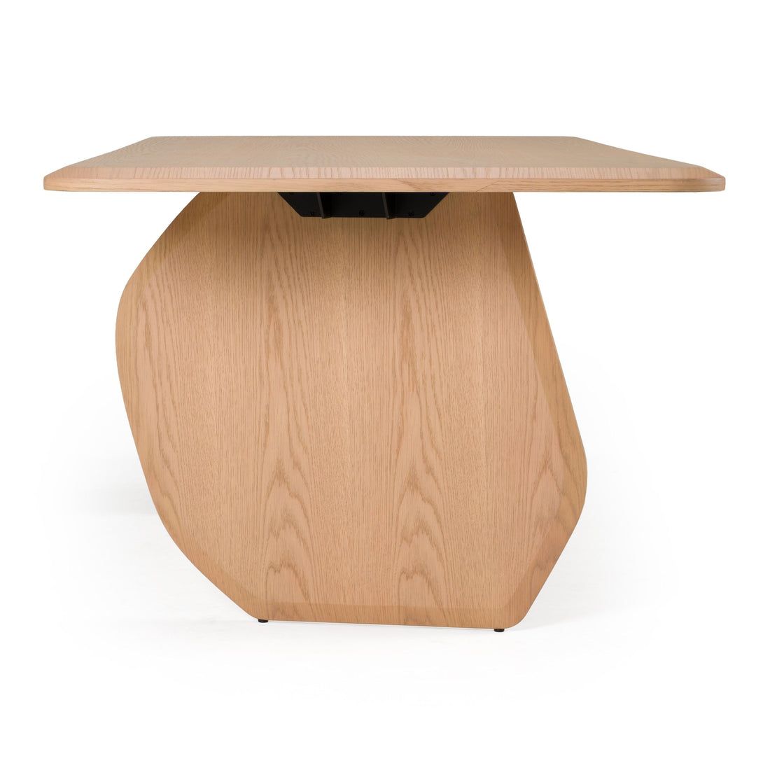Wooden side table with a unique design on a white background