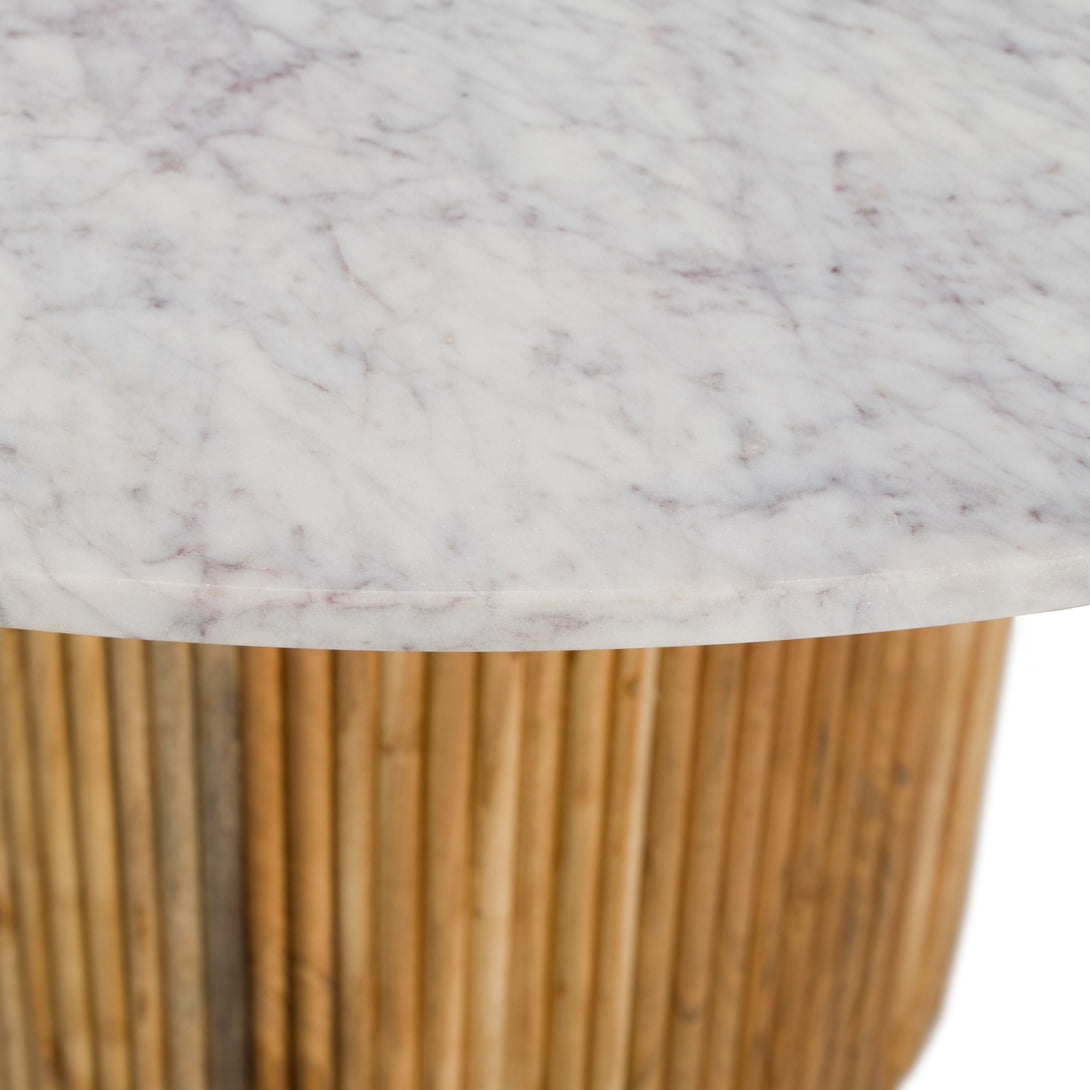 Modrest Shirley - Modern White Marble + Natural Acacia Round Dining Table - Close-up of a round marble table with a wooden base on a white background