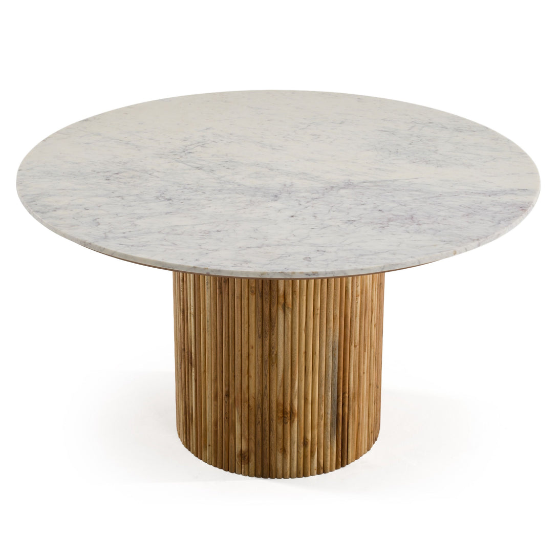 Modrest Shirley - Modern White Marble + Natural Acacia Round Dining Table - Round table with marble top and wooden base on a white background