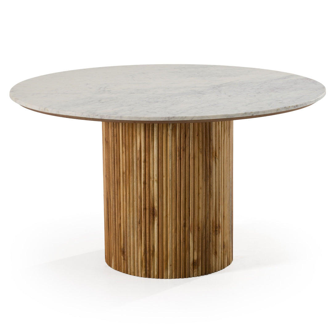 Modrest Shirley - Modern White Marble + Natural Acacia Round Dining Table - Round table with marble top and wooden base on a white background