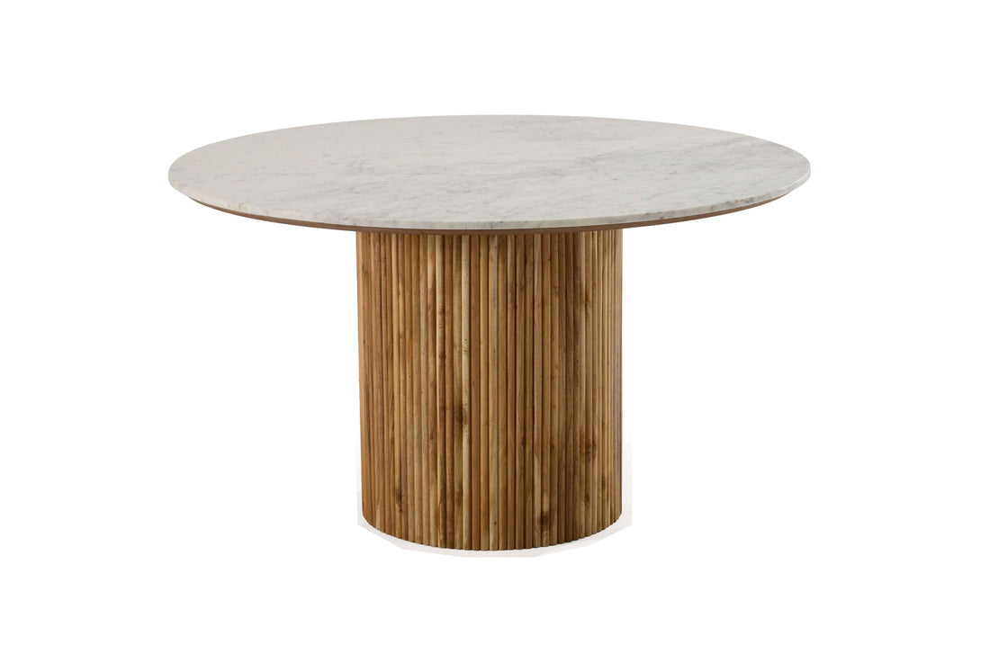 Modrest Shirley - Modern White Marble + Natural Acacia Round Dining Table - Round table with marble top and wooden base on a white background