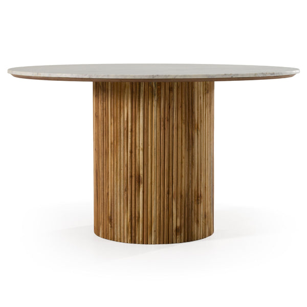 Modrest Shirley - Modern White Marble + Natural Acacia Round Dining Table - Round dining table with marble top and wooden base on a white background