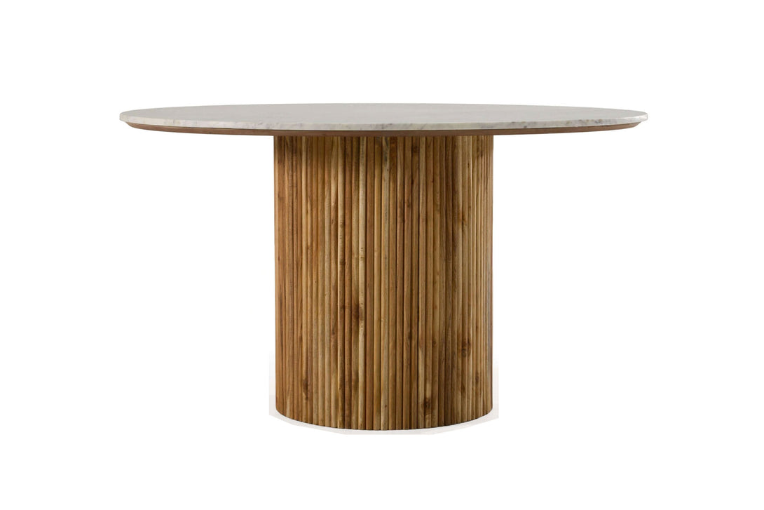 Modrest Shirley - Modern White Marble + Natural Acacia Round Dining Table - Round dining table with marble top and wooden base on a white background