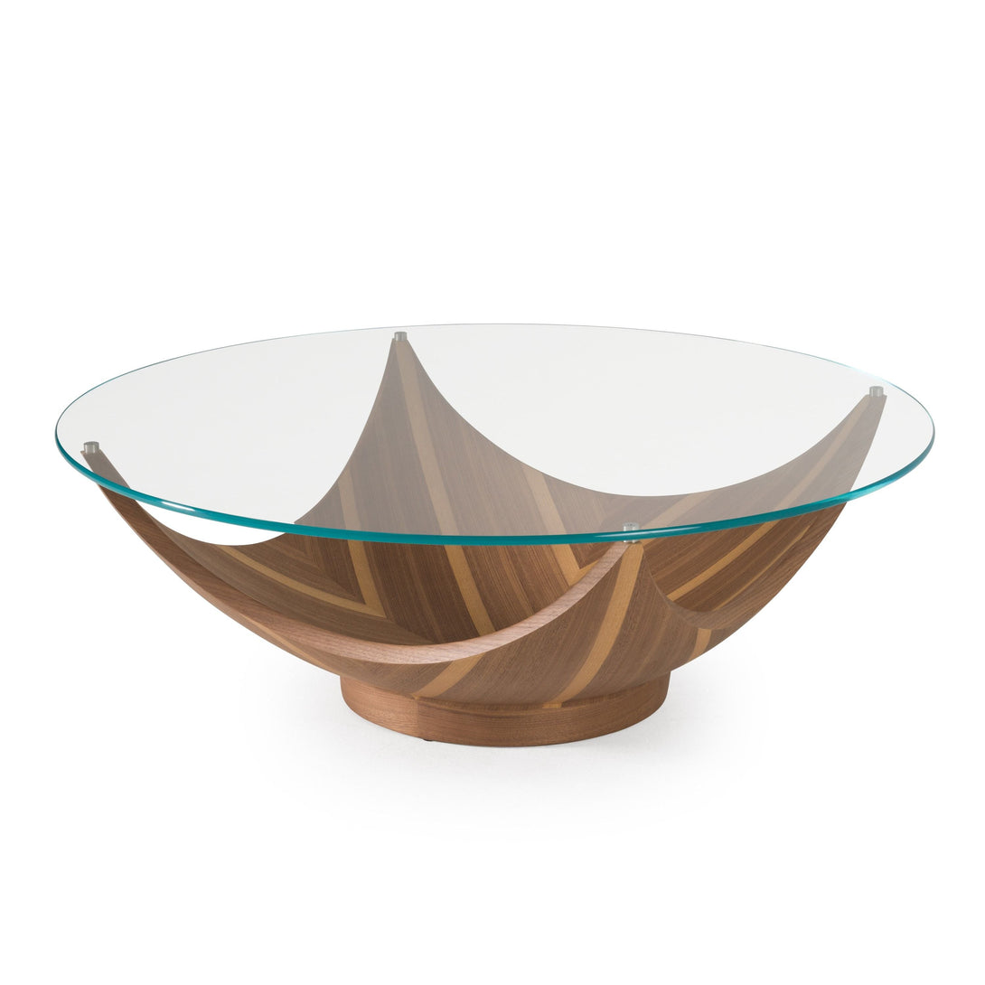 Modrest Sunrise - Contemporary Glass + Walnut Round Coffee Table - Angled View of the Coffee Table