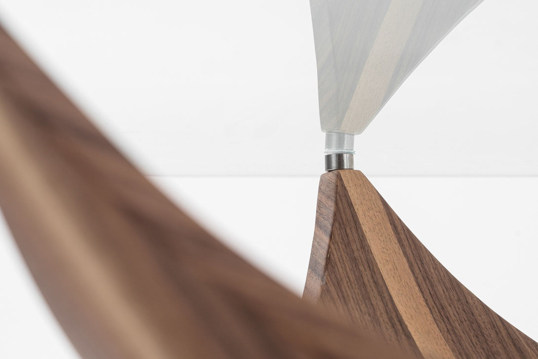 Modrest Sunset - Contemporary Glass + Walnut Square Coffee Table - Close up view of glass mounting mechanism