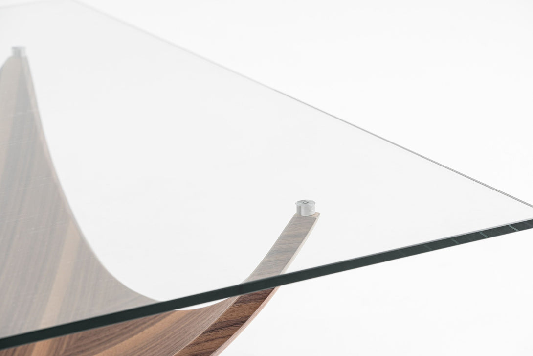 Modrest Sunset - Contemporary Glass + Walnut Square Coffee Table - Close up view of the coffe table glass