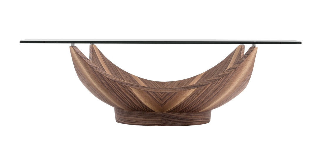Modrest Sunset - Contemporary Glass + Walnut Square Coffee Table - View from low that highlights the square glass mounted to the base of walnut table base