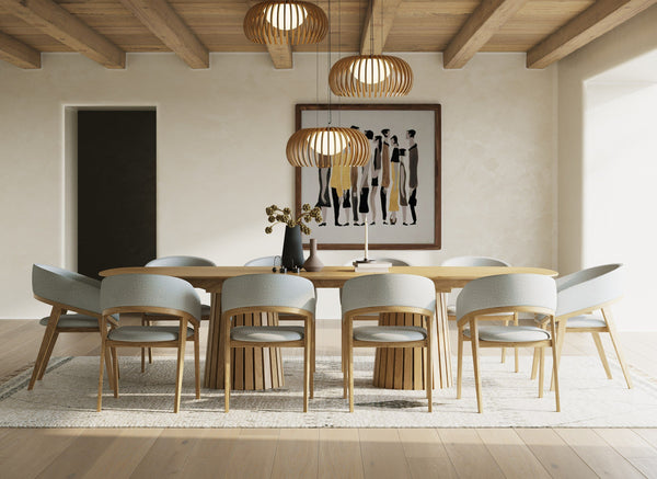 Modrest Truman - Mid-Century Modern Natural Oak Extendable Dining Table + 10 Chairs Set - Dining room with wooden table and chairs, framed artwork on the wall.