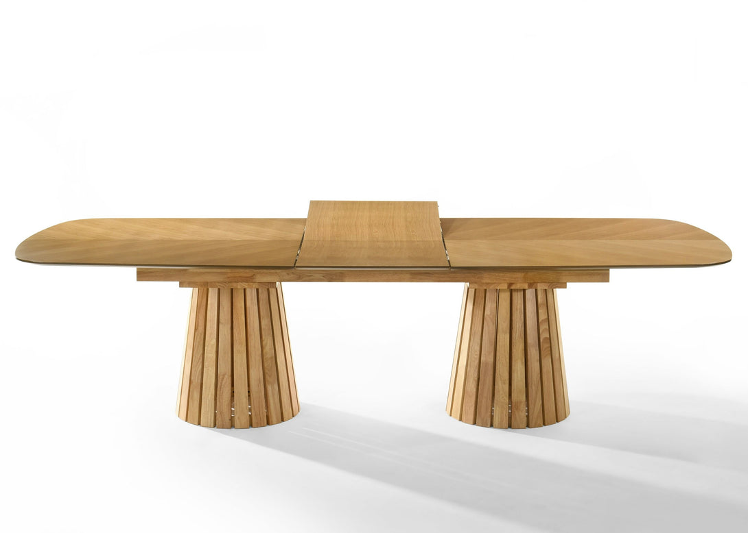 Modrest Truman - Mid-Century Modern Natural Oak Extendable Dining Table -Wooden dining table with extended leaf on a white background
