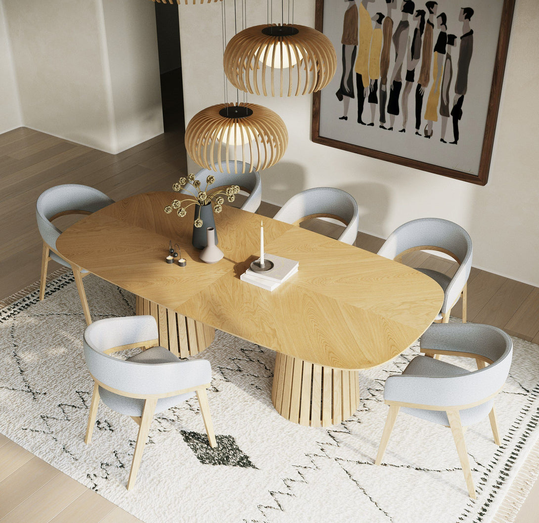Modrest Truman - Mid-Century Modern Natural Oak Extendable Dining Table + 6 Chairs Set - Dining room with wooden table and chairs, modern decor, and abstract art on the wall.