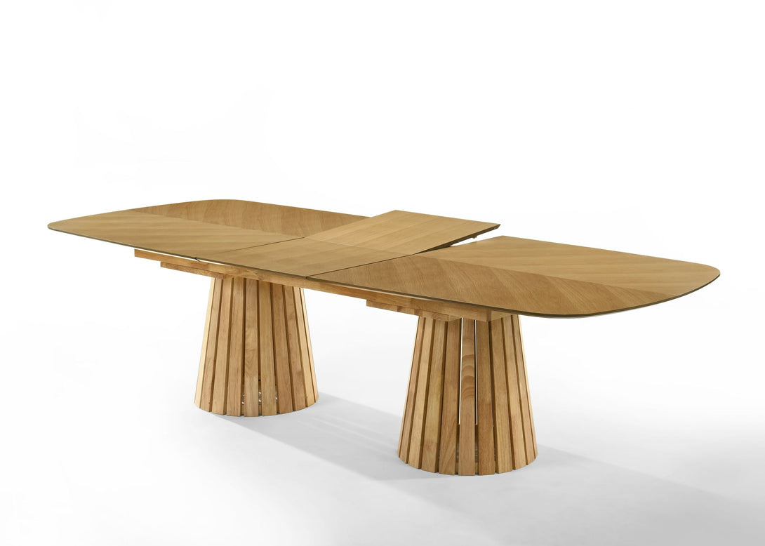 Modrest Truman - Mid-Century Modern Natural Oak Extendable Dining Table - Wooden dining table with extended leaf on a white background
