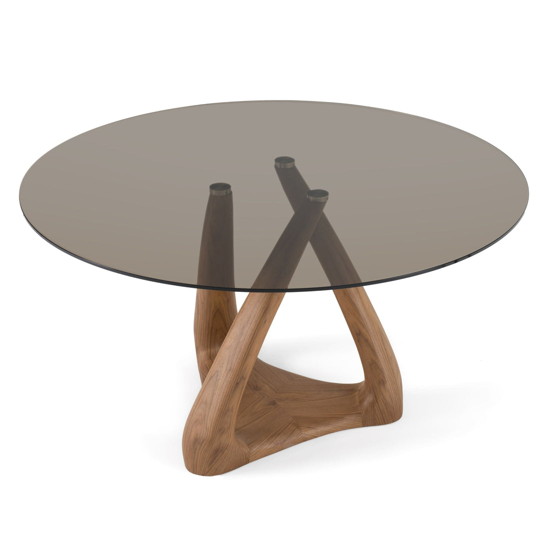 Modrest Christy - Mid-Century Modern Grey Glass + Walnut Round Dining Table - Arial View of dining table with a smoked grey glass top