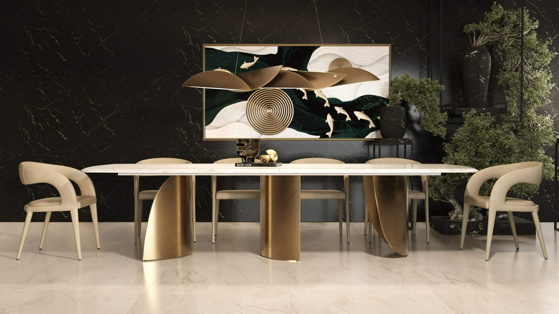 Modern dining table with chairs in a stylish room with decorative wall art.