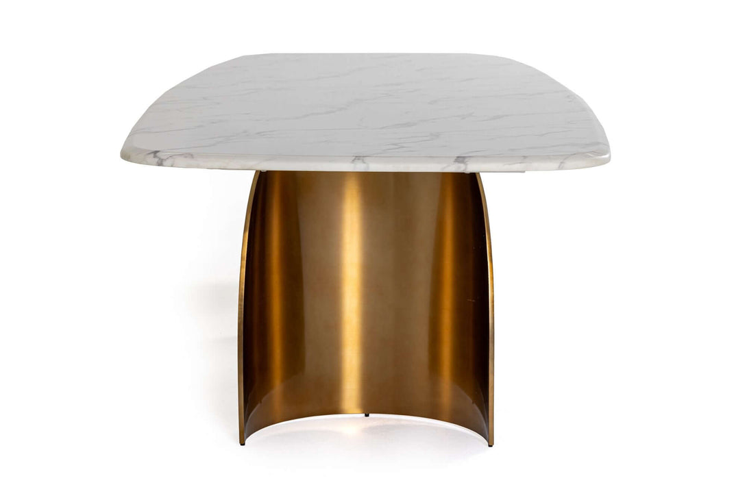 Modern side table with marble top and brass base on a white background