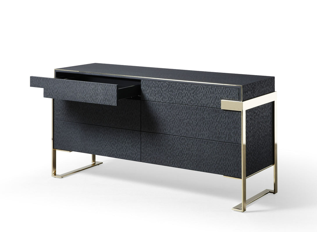 Modrest Athena & Rothsay - Modern Black and Gold Dresser - Angled front view of the dresser with the top drawer open on white transparent background