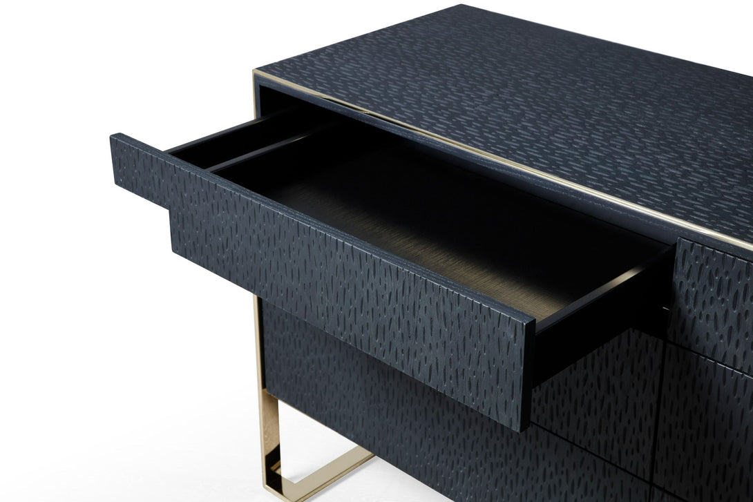 Modrest Athena & Rothsay - Modern Black and Gold Dresser - Close-up view of the dresser with the top drawer open on white transparent background