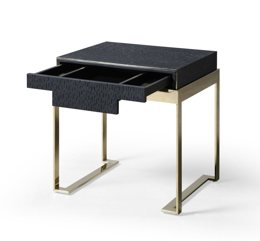 Modrest Athena & Rothsay - Modern Black and Gold Nightstand - Angled view of the nightstand with the top drawer open on white transparent background