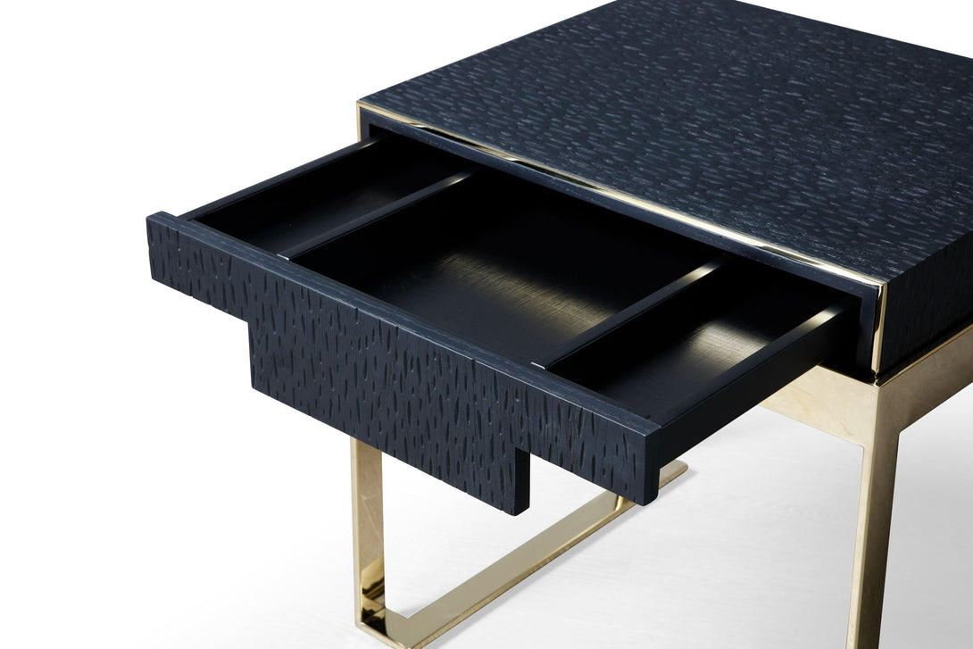 Modrest Athena & Rothsay - Modern Black and Gold Nightstand - Arial view of the nightstand with the top drawer open on white transparent background