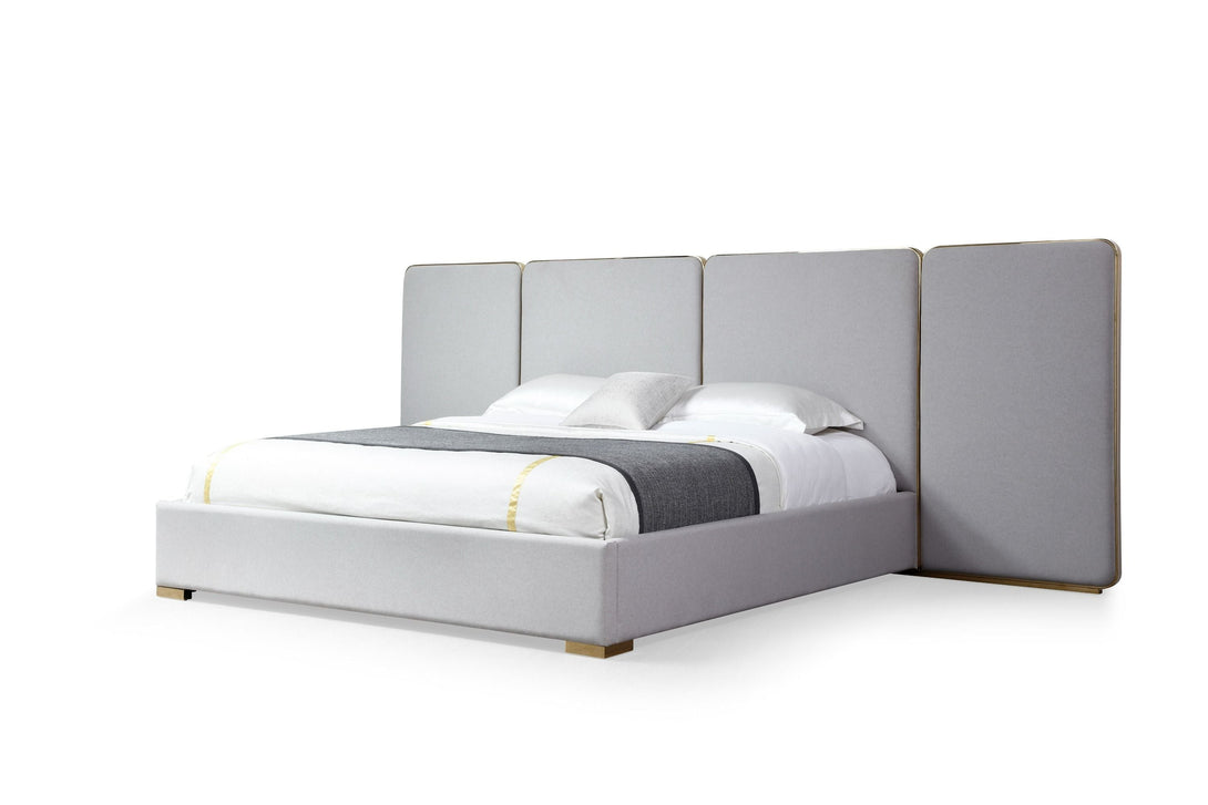 Modrest Athena & Rothsay - Modern Grey Fabric + Wenge + Gold Bed - Angled view of the bed on white transparent background