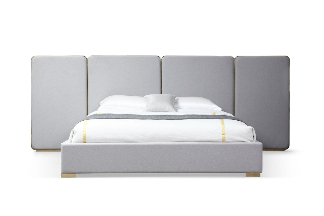 Modrest Athena & Rothsay - Modern Grey Fabric + Wenge + Gold Bed - Front view of the bed on white transparent background