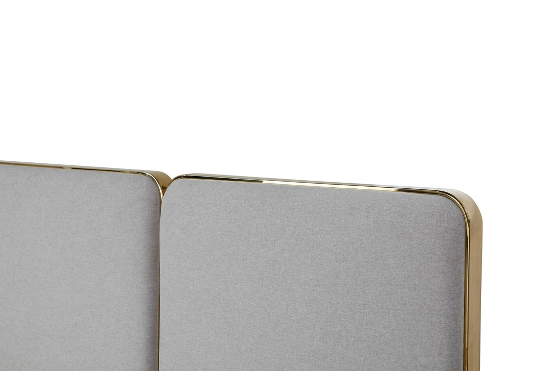 Modrest Athena & Rothsay - Modern Grey Fabric + Wenge + Gold Bed Headboard - Close-up view of the bed linen headboard on white transparent background